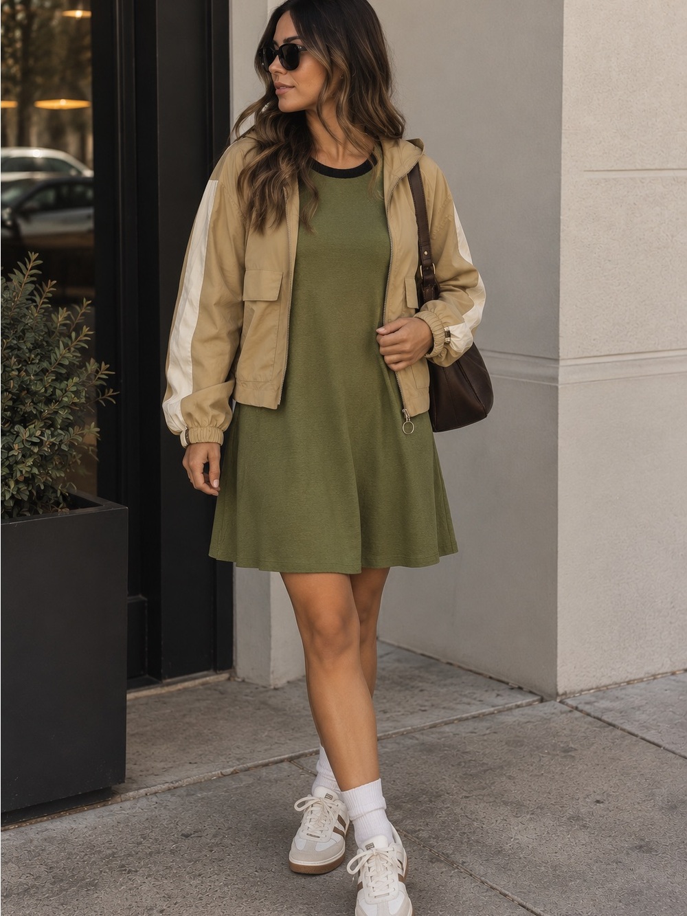 LOFT Olive Green Swing Midi Dress with Black Trim